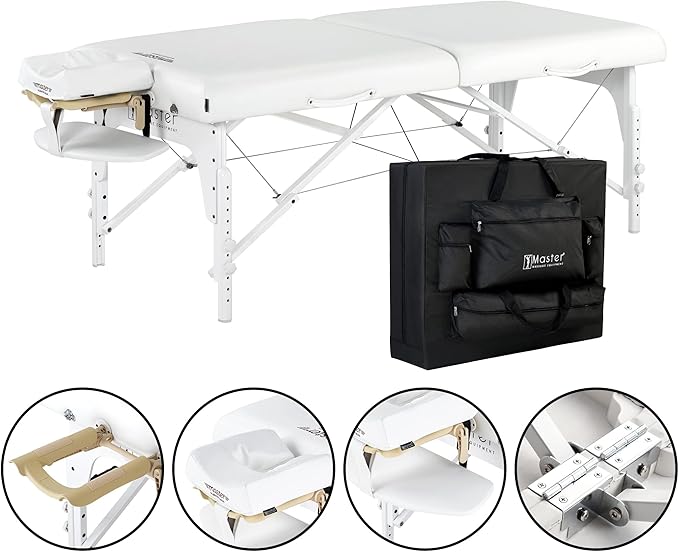 Master Massage 79cm Montclair Pro Portable Massage Table Package, Snow White Memory Foam Cushioning, Reiki Panels, Shiatsu Cable Release- Tattoo Table, Spa Bed