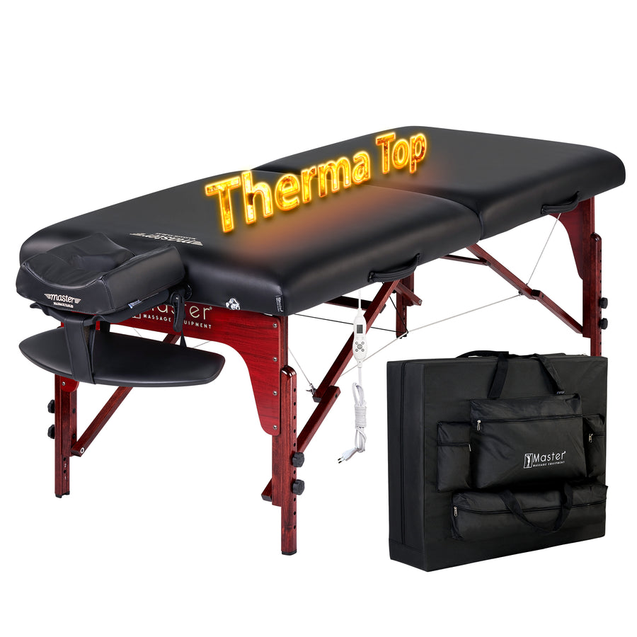MD Clearance Sale! Thermal Top not working! Master Massage 71cm MONTCLAIR Portable Massage Table Package with Therma-Top (UK Plug) - Adjustable Heating System, Shiatsu Cables, & Reiki Panels! (Black Color)
