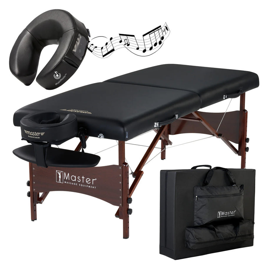 Master Massage Newport Portable Massage Table 76cm Package with Denser 6cm Cushion, Walnut Stained Hardwood, Steel Support Cables, Pillows & Accessories, Royal Blue